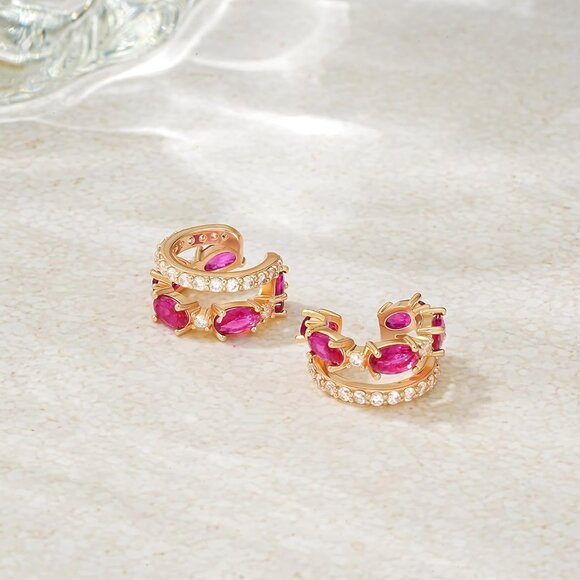 14K Gold Plated Red Zircon Diamond Turquoise Cuffs Non Piercing Earrings - Picture 6 of 7